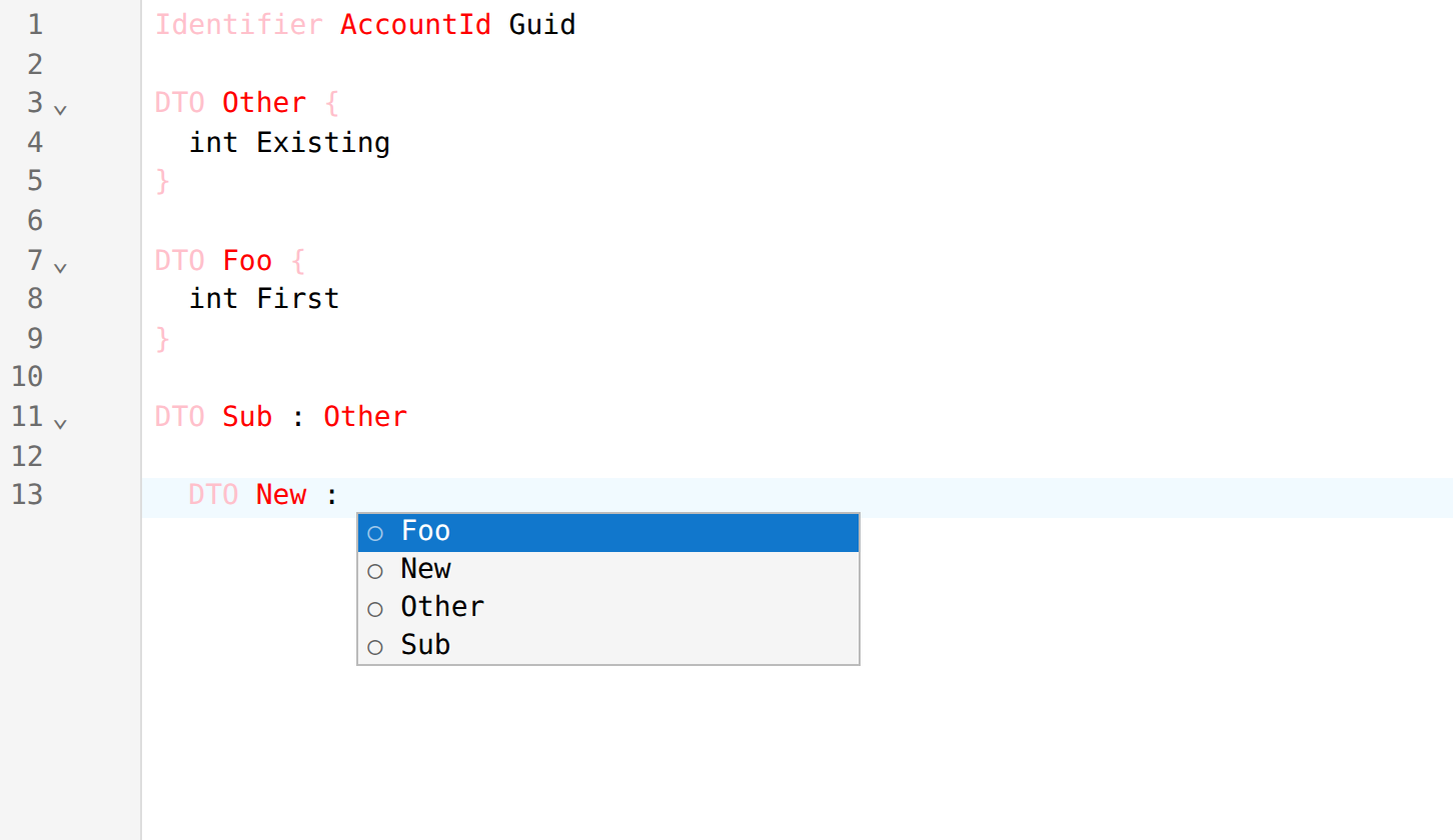 Base-type suggestions after  in a DTO header